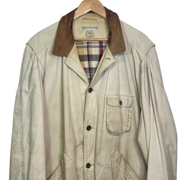 Vtg 1990's Banana Republic Khaki Leather Collar Field Chore Utility Barn Jacket - Picture 2 of 7